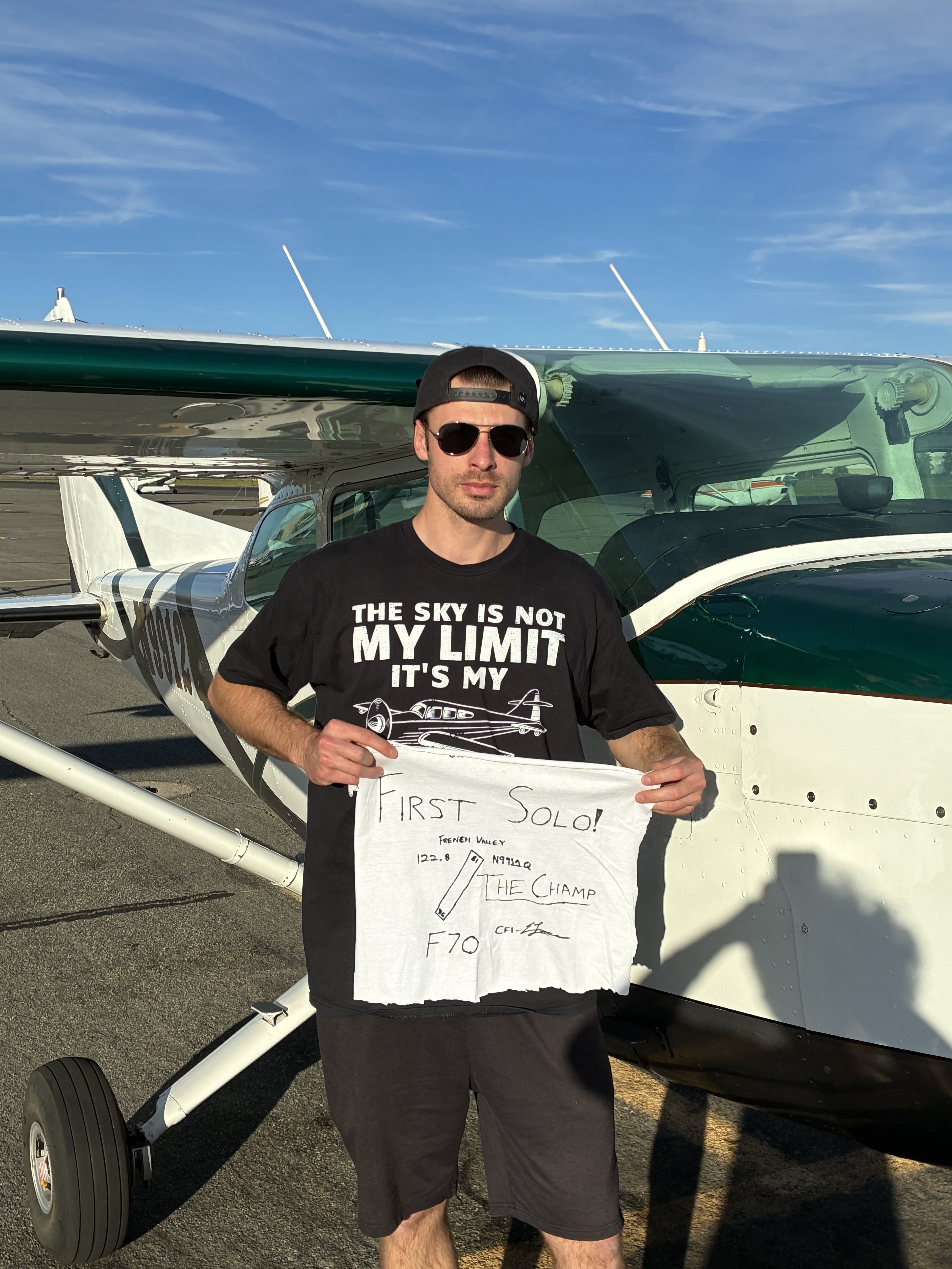 Student celebrating first solo flight at F70